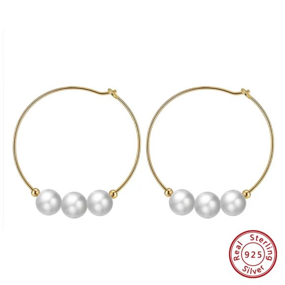 Pearl Hoop Earrings Gold Plated White Pearl Hoops Sterling Silver Jewelry Gift - Picture 5 of 5
